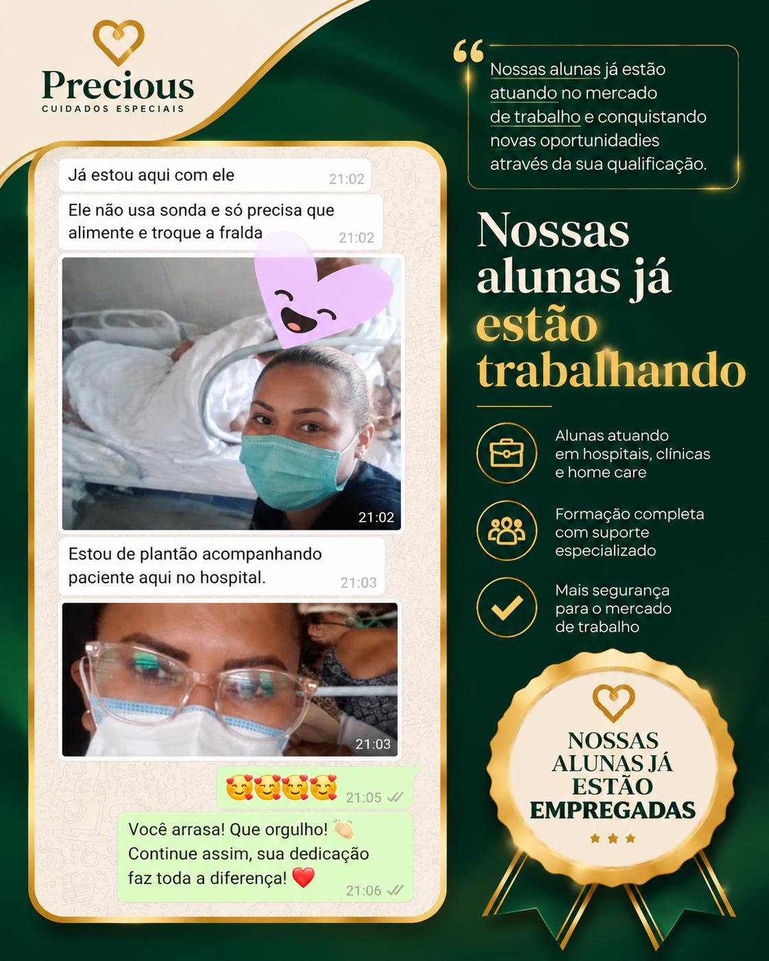 Mensagem de aluna Precious contando que já está de plantão acompanhando um paciente no hospital